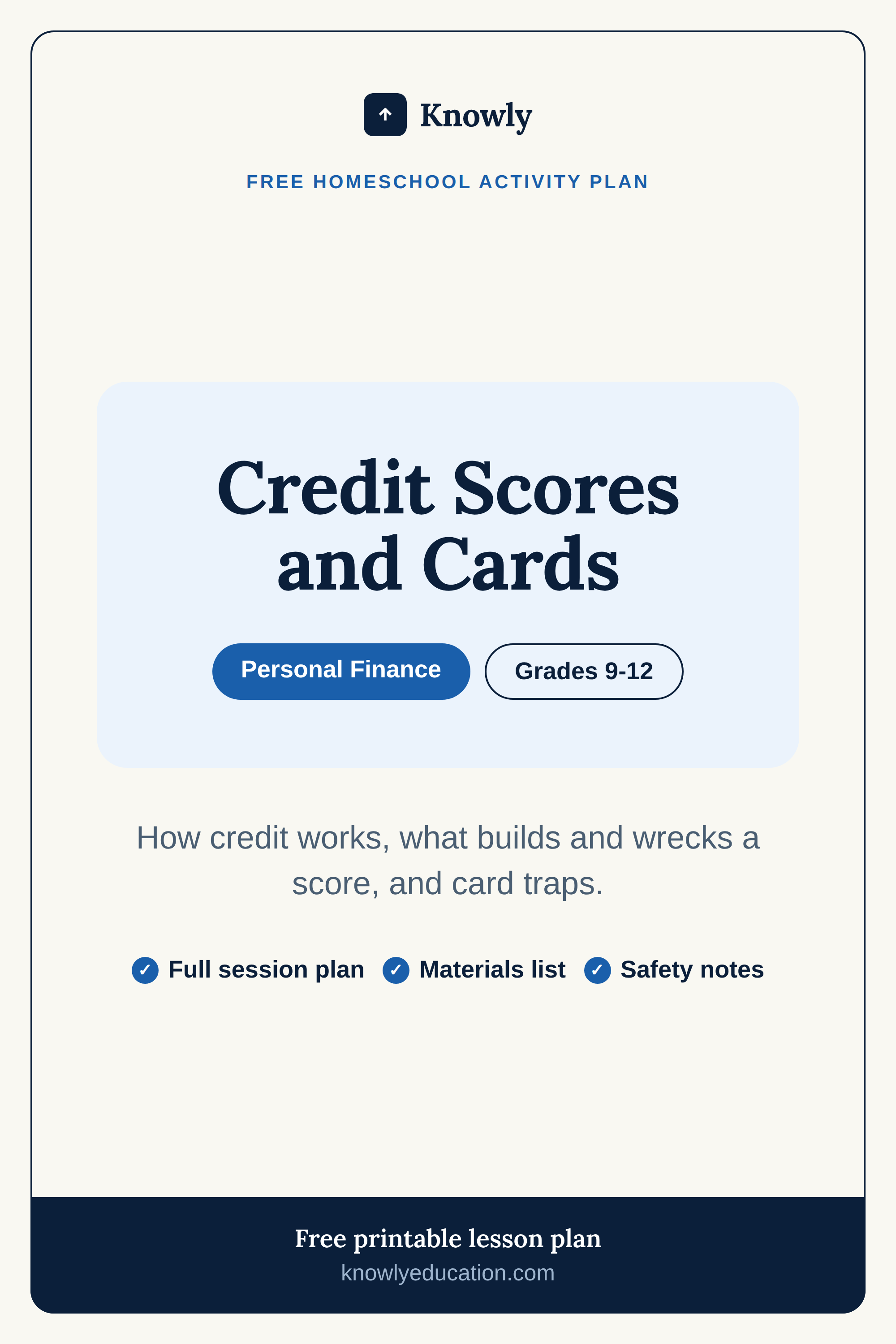 Credit Scores and Cards — free homeschool activity plan from Knowly