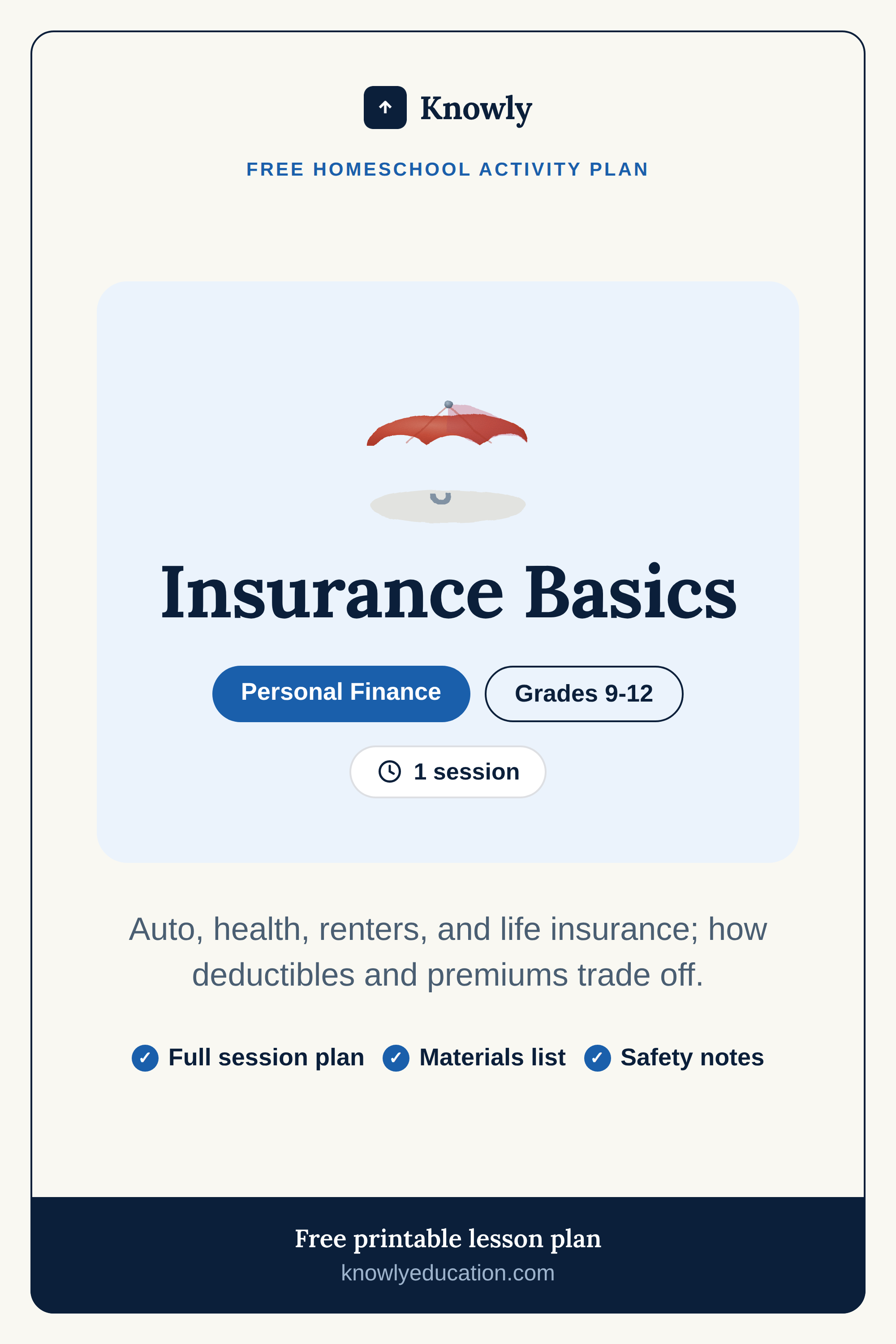 Insurance Basics — free homeschool activity plan from Knowly