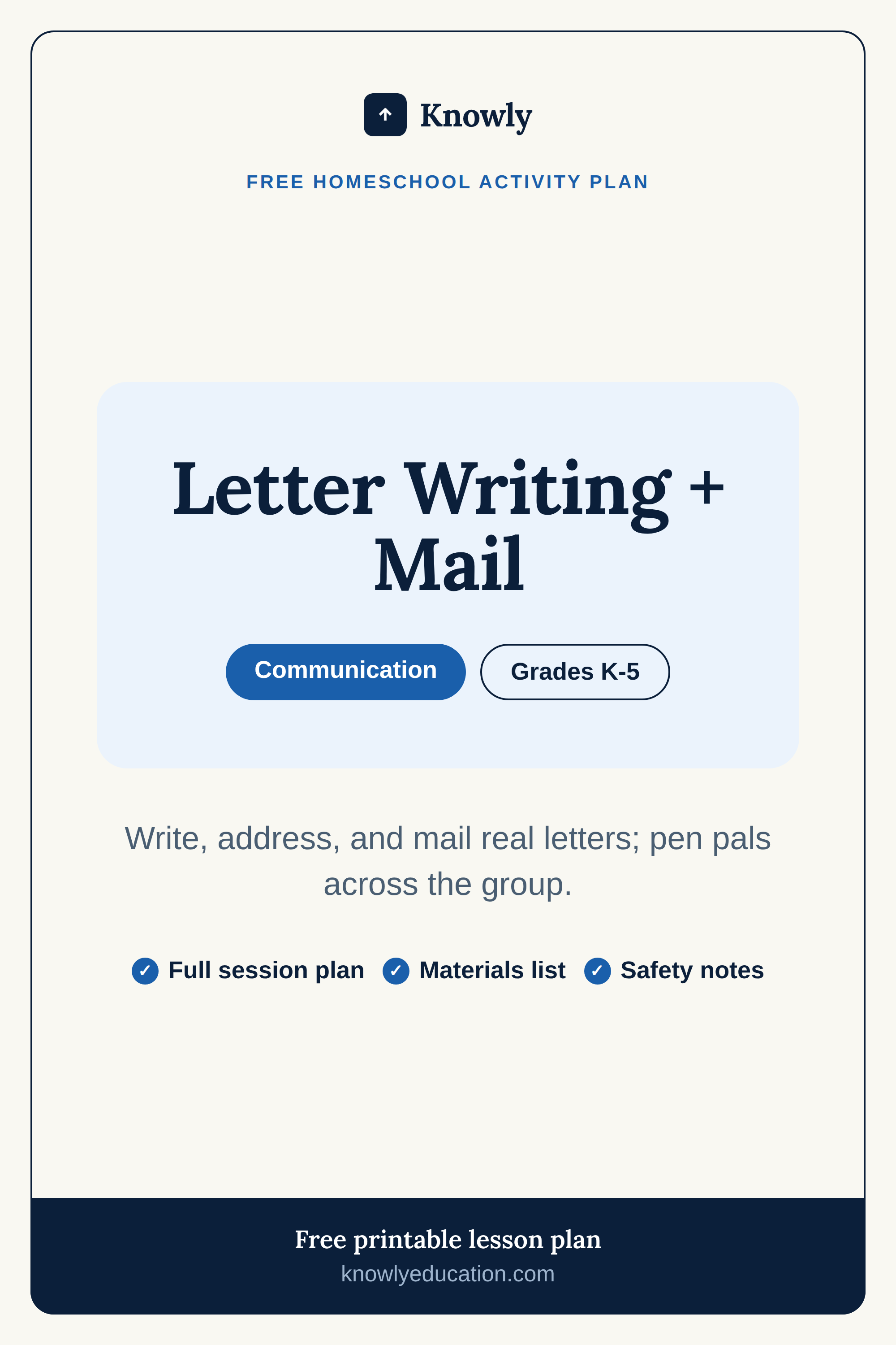 Letter Writing + Mail — free homeschool activity plan from Knowly