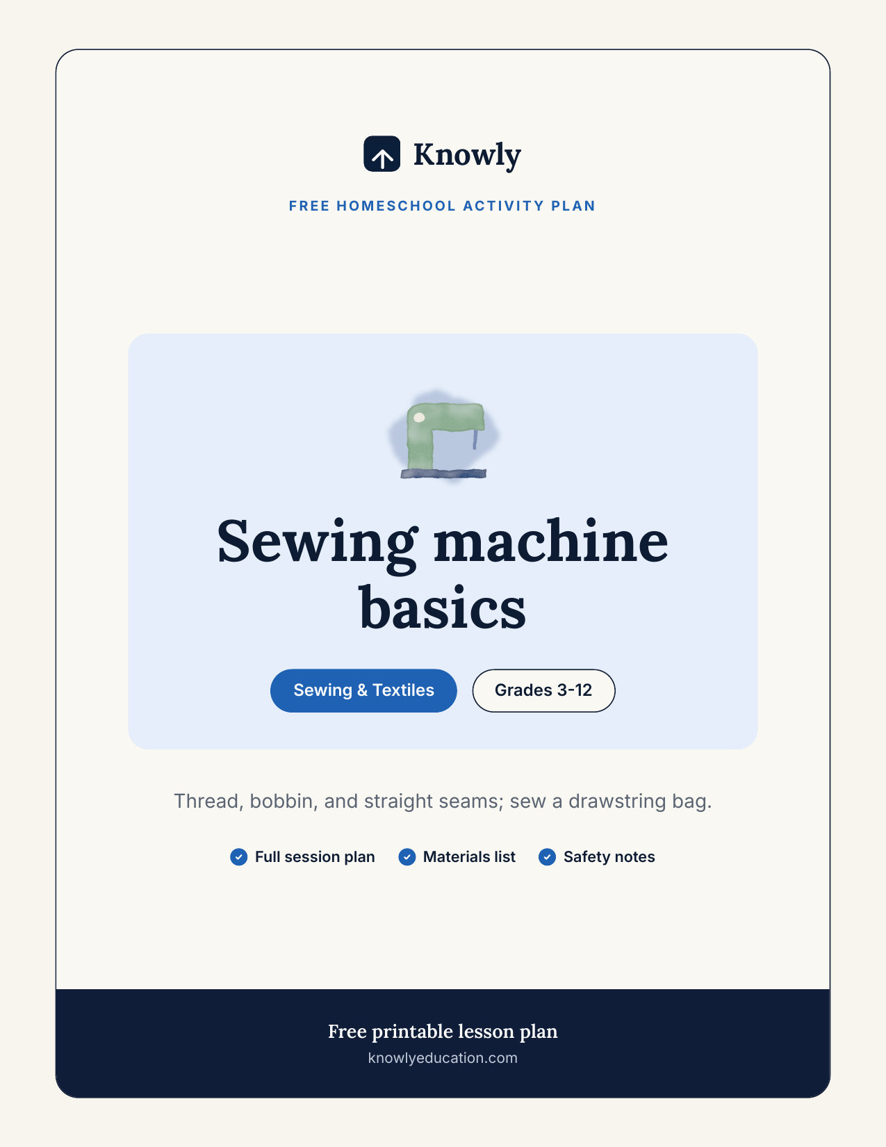 Sewing machine basics — free recess activity from Knowly